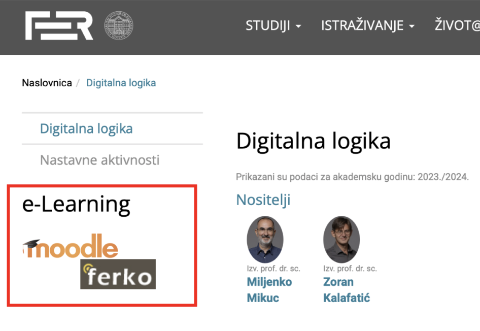 Pozicija popisa važnih web-stranica za predmet